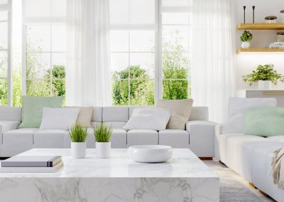 white living room, marble coffee table