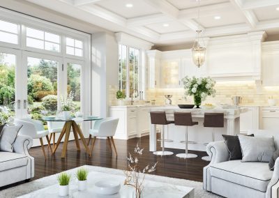 modern, white great room, dark wood floors